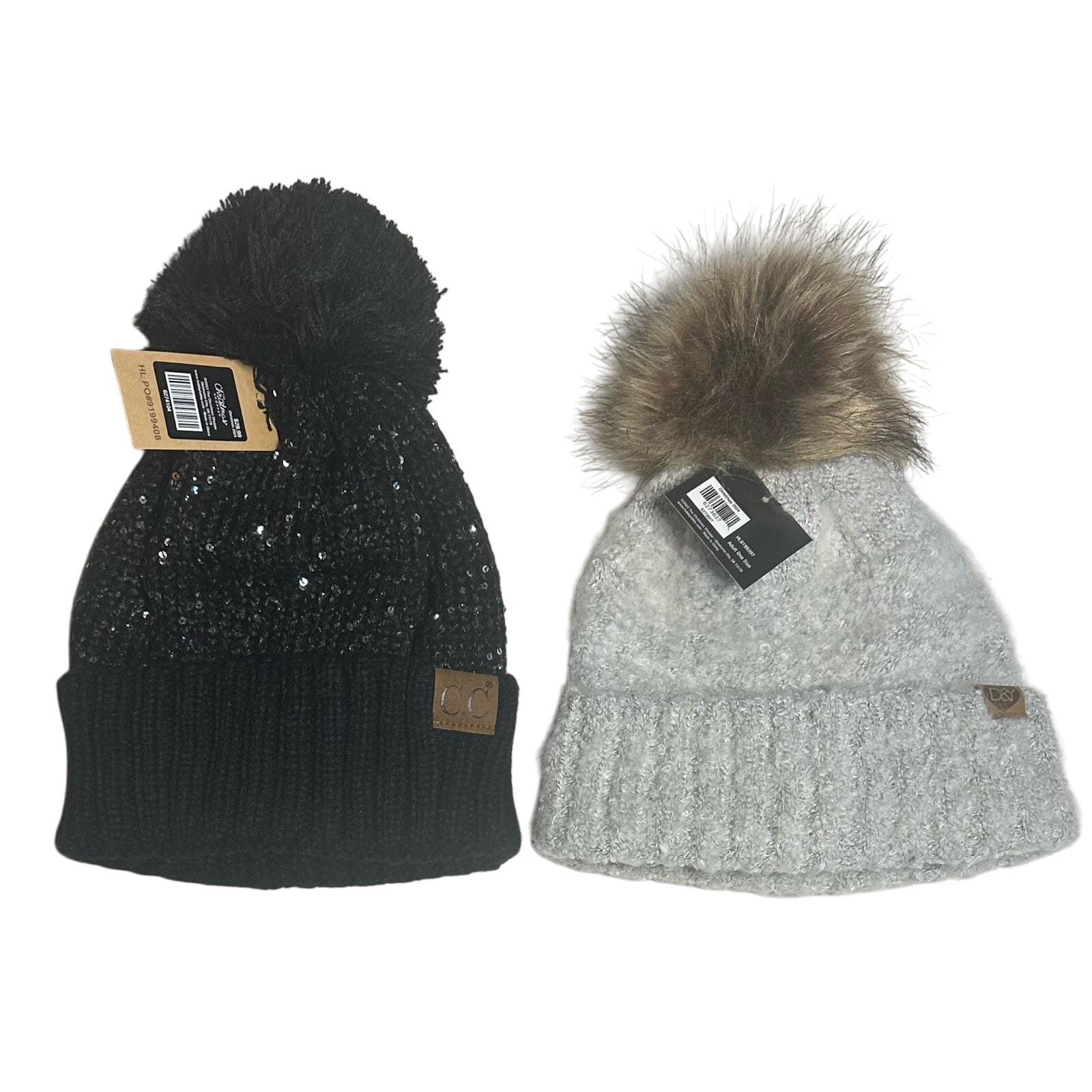 New Women’s Knit Beanie W/Faux Fur Pom & C.C. Knit Black Sequin Yarn Pom Beanie